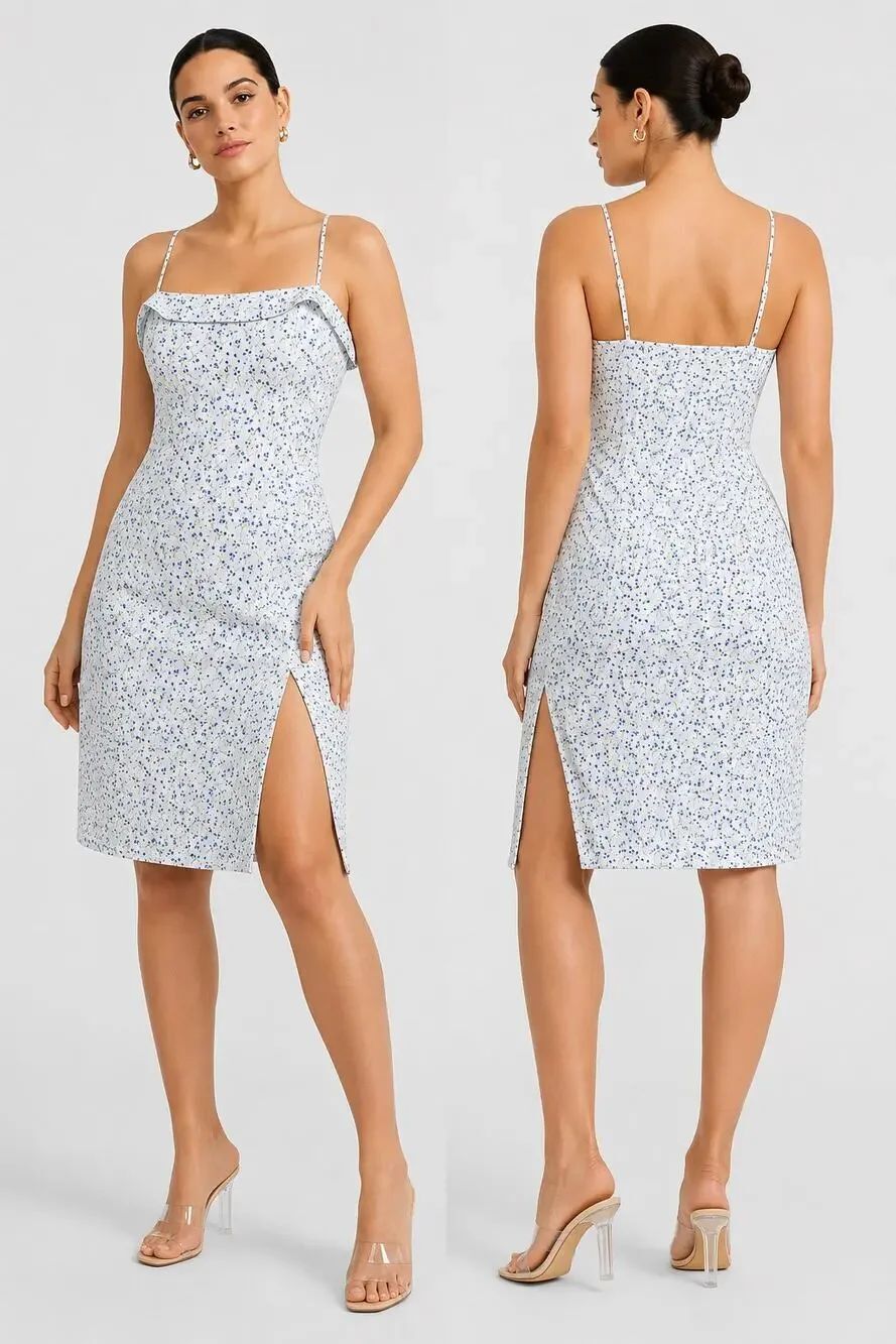 French Connection Echo Floral Midi Dress Icy Blue Multi NWT US 10 Romantic